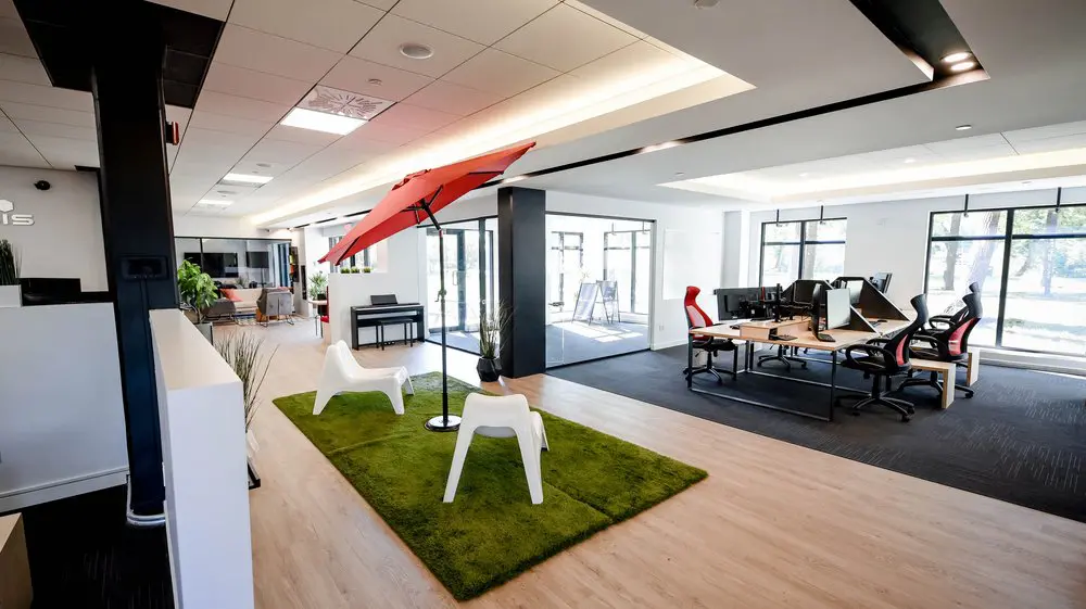 Modern coworking office space in Griffintown Montreal with natural light and view of Lachine Canal