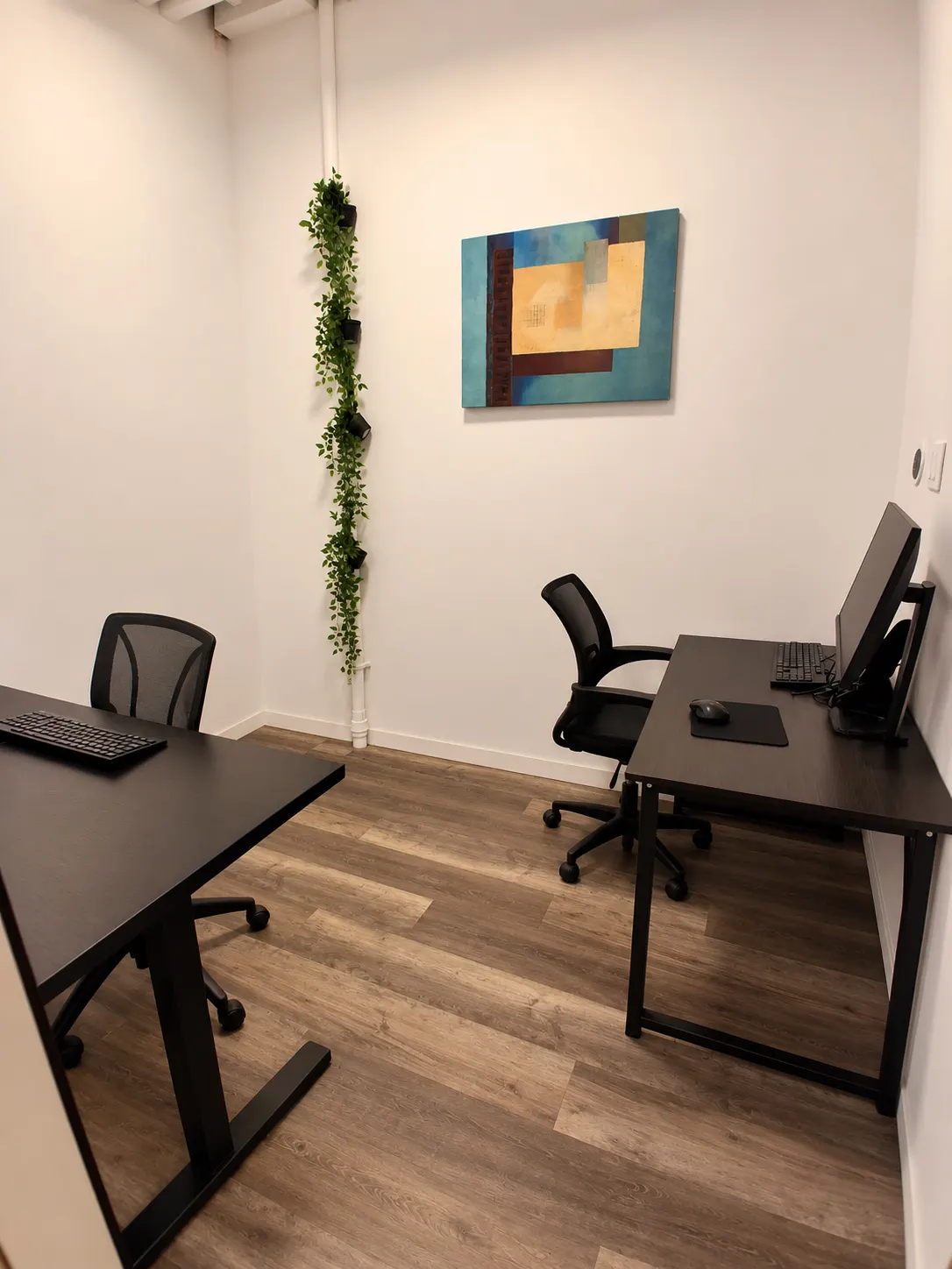 Private office 106-1A at 2727 Coworking, Griffintown: two black desks with mesh chairs on opposite walls, a teal and gold painting and greenery climbing a pipe