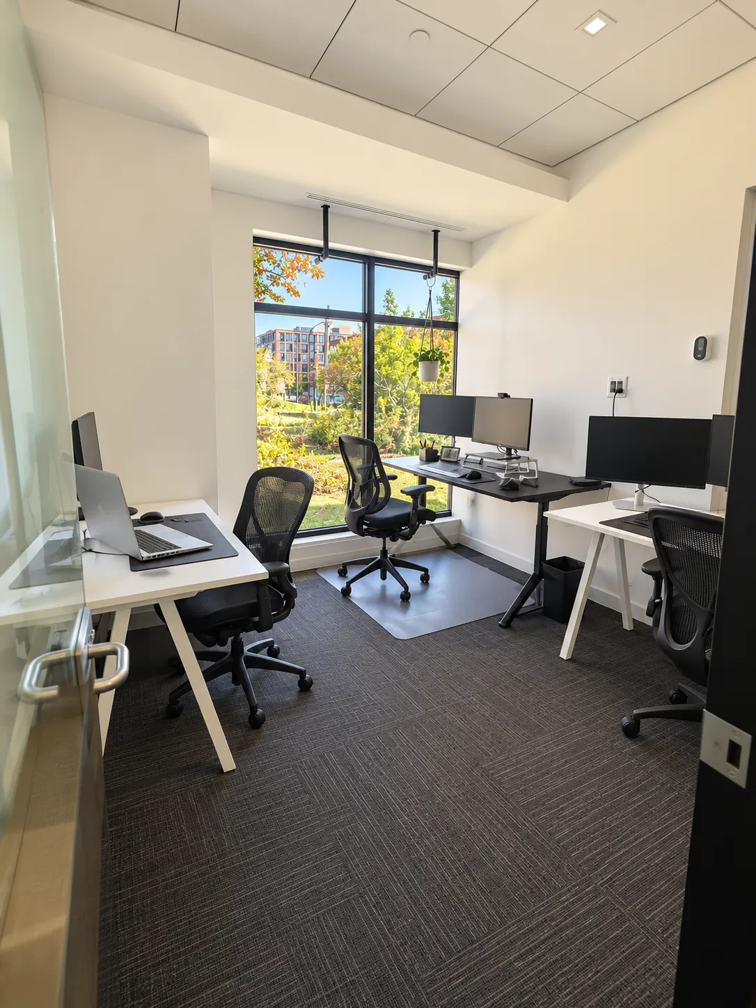 Private office 109-2 at 2727 Coworking, Griffintown: three workstations on charcoal carpet, a sit-stand desk with two monitors under a tall window onto trees and a brick building.